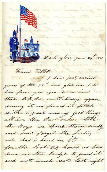 First page of handwritten letter to "Friend Tillot," June 24, 1861 on patriotic letterhead depicting a soldier, American flags, military tents, and the US Capitol building