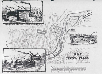 map of Seneca Falls with inset drawing of Goulds Pumps